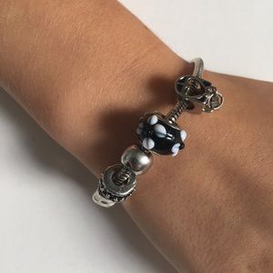 Charm Bracelet Black and White with Silver Hardware Heart & Floral Detail